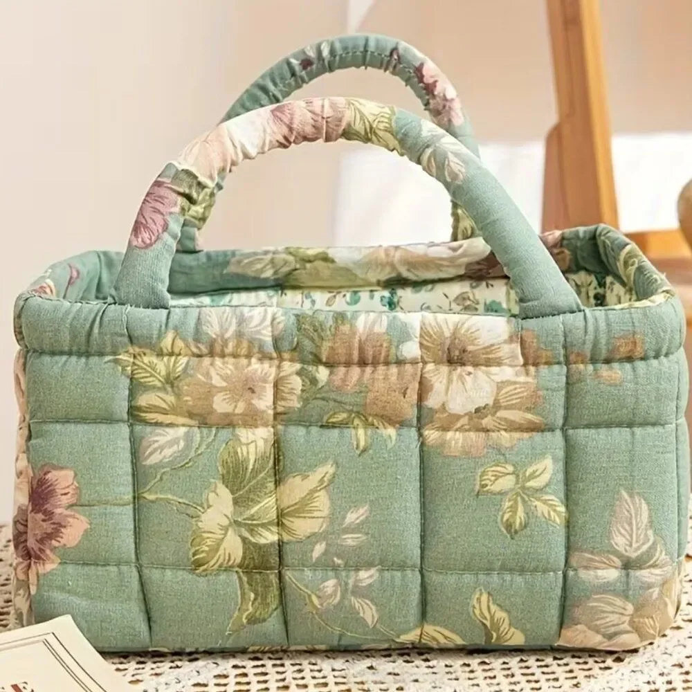 Vintage Floral Quilted Storage Basket Fabric Organizer Bin with Handles